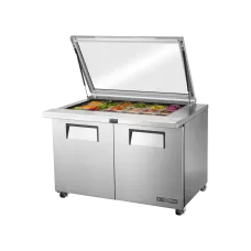 48 2 Door Sandwich/Salad Mega Top Prep Refrigerator with Flat Glass Lid, R290, 18x1/6 GN Pans