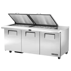 72 3 Door Mega Top Sandwich/Salad Prep Refrigerator with Flat Lid, R290, 24-1/6 Pans
