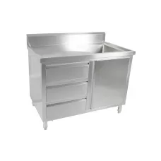 1 Door, 3 Draw Stainless Steel Cabinet With Right Sink - 1200x600