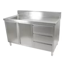 2 Door, 3 Draw Stainless Steel Cabinet With Left Sink - 1500x600