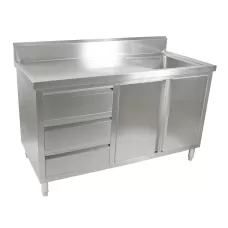 2 Door, 3 Draw Stainless Steel Cabinet With Right Sink - 1500x700