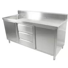 2 Door, 3 Draw Stainless Steel Cabinet With Left Sink - 2100X600