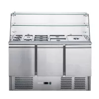 Three Door Stainless Steel Salad Prep Fridge with Square Glass Top