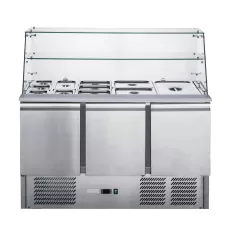 Thermaster by FED XS903GC FED-X Three Door Stainless Steel Salad Prep Fridge with Square Glass Top